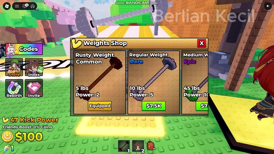 Weights Shop cards showing Power, prices and the Rusty Weight marked Equipped